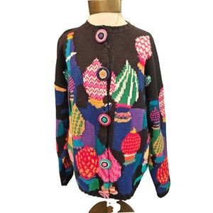 Worlds Apart Hand Knitted Cardigan Womens Medium Black Multi Intarsia Domes Art